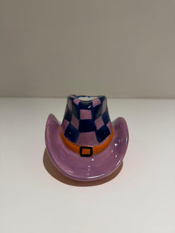 Cowboyhoed Kaarsenhouder – Paars / Blauw Geruit