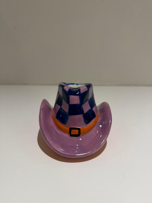 Cowboyhoed Kaarsenhouder – Paars / Blauw Geruit