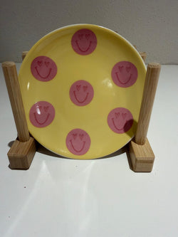 Keramisch Bordje – Geel met Roze Smiley Faces – 11,8 cm