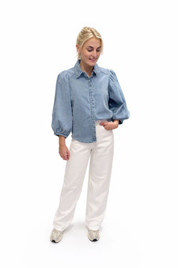 Denim Blouse met Pofmouwen