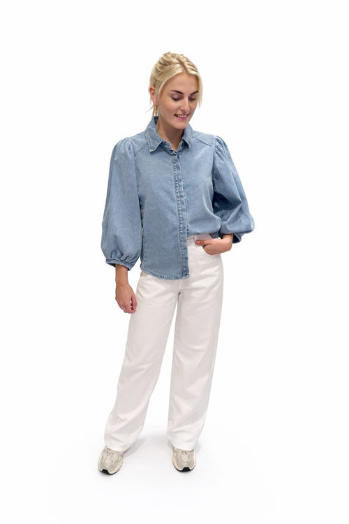 Denim Blouse met Pofmouwen